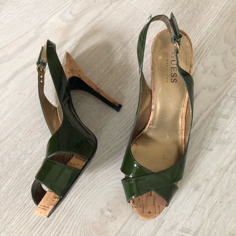 Guess by Marciano Green Leather High Heel Slingback Cork Heels - Picture 13 of 16